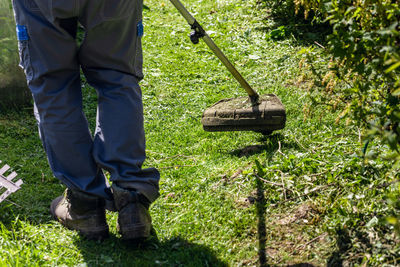 A gardener mows the lawn in his garden plot with a gasoline brush cutter