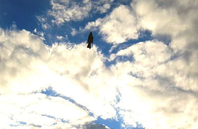 Low angle view of silhouette bird flying against sky