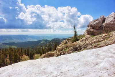 Scenic view of mountains against cloudy sky