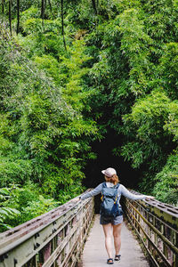 Rear view of man walking on footbridge