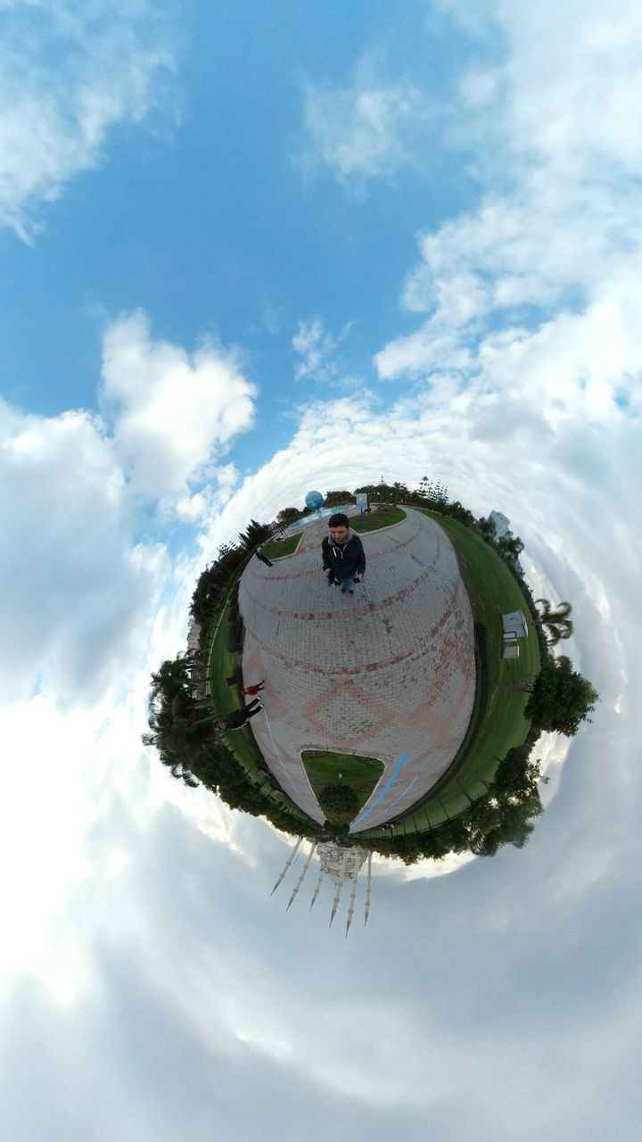 cloud - sky, sky, reflection, tree, building exterior, built structure, day, no people, outdoors, architecture, nature, fish-eye lens, distorted image