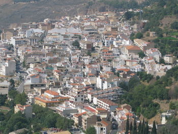 High angle view of buildings in town