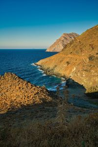 Scenic view of sea against clear blue sky