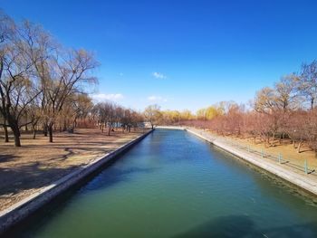 Canal amidst trees against clear blue sky