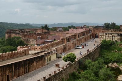 High angle view of fort wall in city against sky