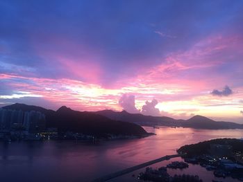 Scenic view of bay against sky at sunset