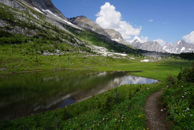 Scenic view of lake and mountains against sky