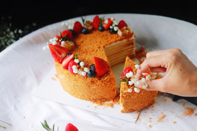 Cropped image of hand holding cake slice in plate