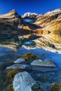 Scenic view of lake and mountains against sky