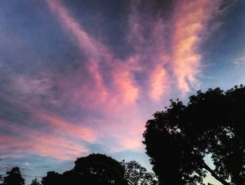 Low angle view of silhouette trees against dramatic sky