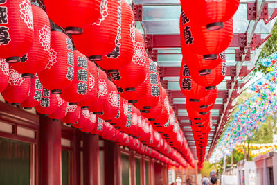 Red lanterns hanging in temple outside building