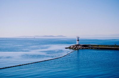 Scenic view of sea against clear blue sky