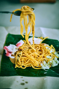 Close-up of served in plate on table