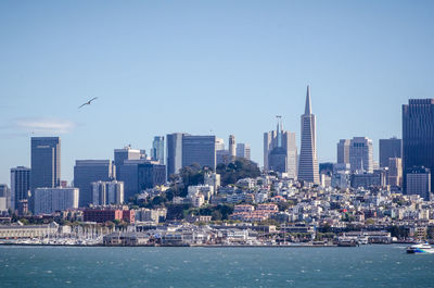 Modern buildings in city against clear sky