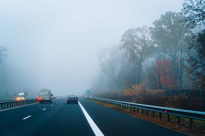 Cars on highway against trees in a foggy autumn morning