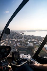 View of cityscape seen through airplane window