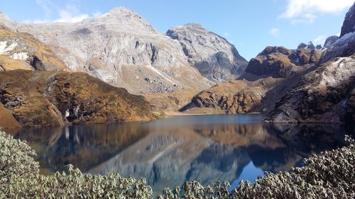 Panoramic view of lake and mountains against sky