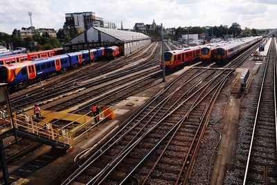 High angle view of train at railroad station