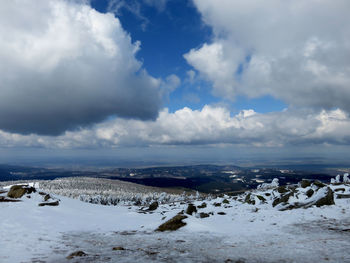 Scenic view of snow covered landscape against sky