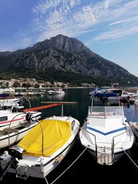 Boats moored in lake against sky