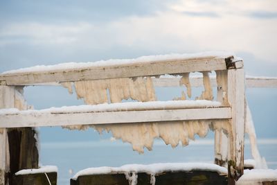 Clothes hanging on wood against sky