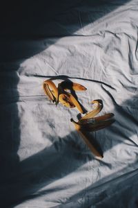 High angle view of shoe on bed