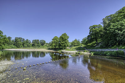 Scenic view of lake against clear blue sky