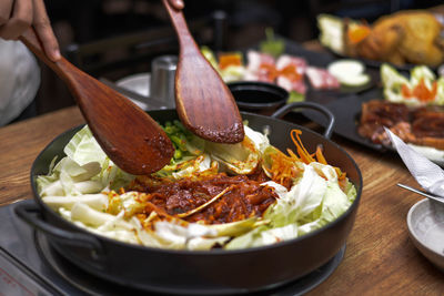 Close-up of food served on table