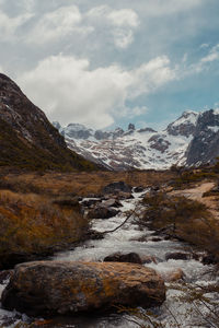 Scenic view of snowcapped mountains against sky