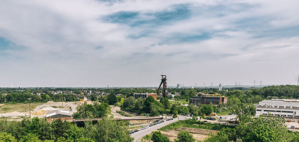 High angle view of buildings against sky