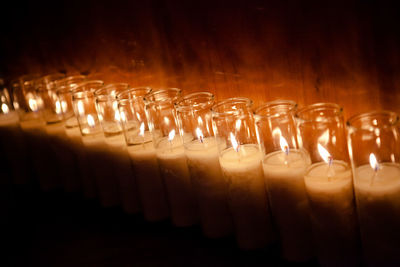 Close-up of illuminated tea light candle on table