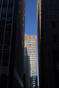 Low angle view of buildings against clear sky