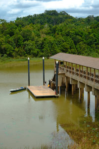 Bridge over lake against trees