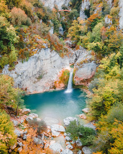 High angle view of waterfall in forest