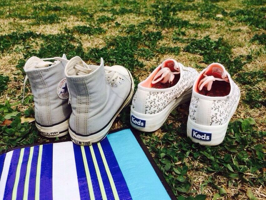 grass, high angle view, text, shoe, field, western script, pair, footwear, communication, still life, day, low section, blue, outdoors, close-up, grassy, number, variation, sunlight, no people