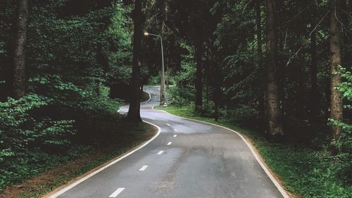 Empty road amidst trees in forest