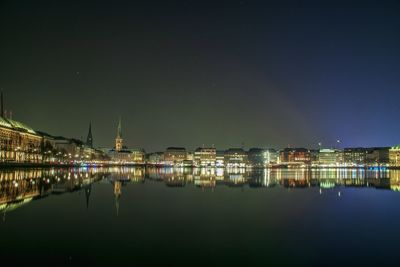 Reflection of illuminated buildings in city at night