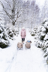 Rear view of person on snow covered plants