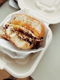 High angle view of breakfast served on table