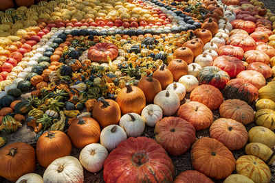 High angle view of pumpkins for sale at market stall