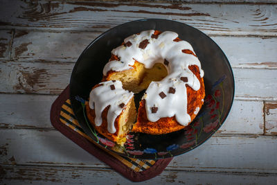 High angle view of cake in plate on table