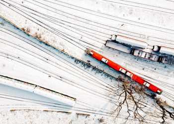 Top view of cargo trains and passenger diesel multiple units. aerial top view from flying drone.