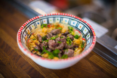High angle view of food in bowl on table