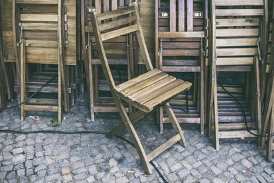 High angle view of wooden chairs