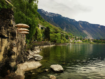 Scenic view of river by mountains against sky