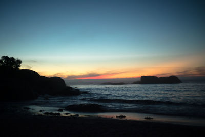 Scenic view of sea against clear sky during sunset