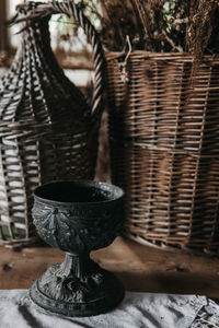 Close-up of wicker basket on table