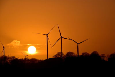 Silhouette of wind turbines during sunset