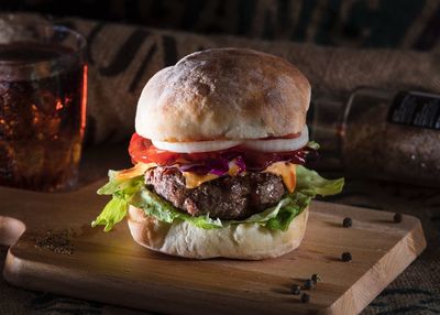 Close-up of burger on cutting board