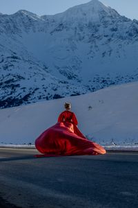 Rear view of woman sitting on snowcapped mountain
